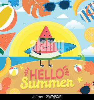 Buongiorno, lettering estivo con il carattere dell'anguria sulla spiaggia. Illustrazione vettoriale Illustrazione Vettoriale