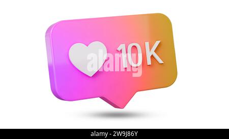 Heart diecimila mi piace in un'icona a fumetto multicolore su sfondo vuoto. Icona di notifica dei social media Love Like Heart. Illustrazione 3D. Foto Stock