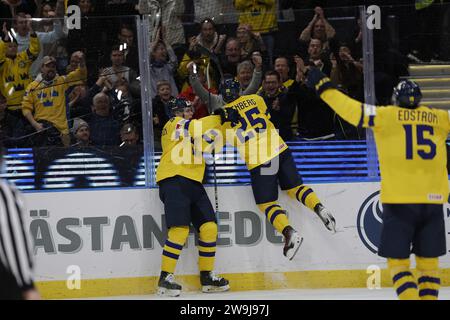 Stoccolma 20231228GOTHENBURG, SVEZIA 20231228 il svedese otto Stenberg segna 0-1 punti e festeggia con la svedese Elias Pettersson durante l'IIHF World Ju Foto Stock