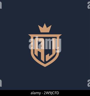 Logo iniziale monogramma AJ con idee di design in stile scudo e corona Illustrazione Vettoriale