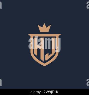 Logo iniziale monogramma HJ con idee di design in stile scudo e corona Illustrazione Vettoriale