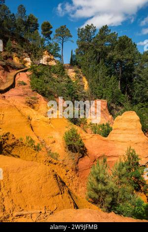 Red Rocks, le Sentier des Ocres, percorso naturalistico ocra, Roussillon, Departement Vaucluse, Provenza, Provence-Alpes-Cote d'Azur, Francia Foto Stock