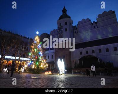 Castello Ducale di Szczecin (Castello dei Duchi Pomerani) illuminato per Natale e festività - Pomerania Occidentale , Stettino Polonia Foto Stock