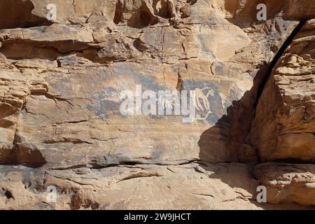 Petroglifi a Jubbah nella provincia di Hail in Arabia Saudita Foto Stock