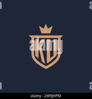 Logo iniziale monogramma KU con idee di design in stile scudo e corona Illustrazione Vettoriale