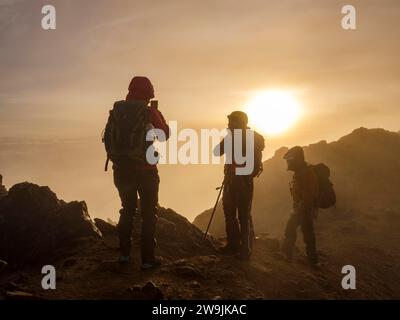 Alpinista che scatta foto con il suo cellulare nella nebbia all'alba, Iliniza Nord, provincia di Pichincha, Ecuador Foto Stock