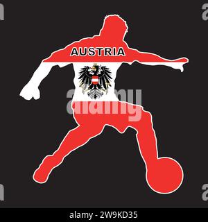 Silhouette di un calciatore austriaco con i colori della bandiera nazionale su sfondo nero Illustrazione Vettoriale