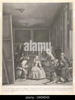 Las Meninas: La famiglia di Filippo IV in primo piano con l'infanta Margarita al centro, Velazquez in piedi a sinistra, il re e la regina riflessi nello specchio sullo sfondo 2014 di Pierre Audouin Foto Stock