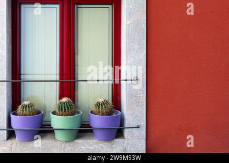 Esterno dell'edificio con pareti e finestre in stucco rosso. Accenti decorativi di succulenti in pentole colorate Foto Stock