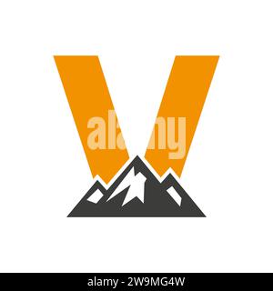 Montare il logo sulla lettera V, Mount Hill Symbol Vector Template Illustrazione Vettoriale