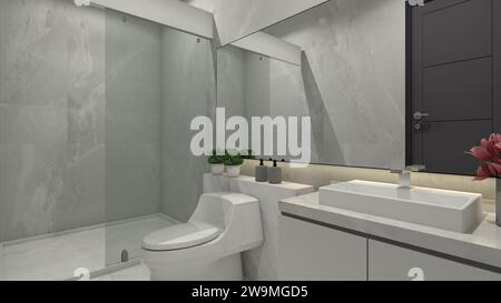 Bagno dal design moderno in stile bianco e pulito Foto Stock