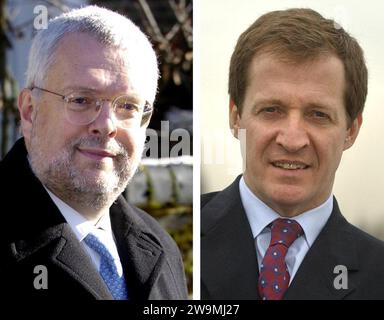 Foto del presidente della BBC Gavyn Davies (L) e Alastair Campbell. Il primo ministro Tony Blair è stato avvertito che l'ufficio stampa n. 10 aveva perso "tutta la credibilità" sotto il suo capo combattivo delle comunicazioni Alastair Campbell, secondo i documenti ufficiali appena pubblicati. I documenti pubblicati dagli Archivi nazionali mostrano che il segretario privato di Blair, Jeremy Heywood, lo ha informato che la sua autorità era stata minata perché Downing Street era vista come una "macchina da spin dominata politicamente". Data di emissione: Venerdì 29 dicembre 2023. Foto Stock