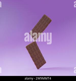 Layout creativo con deliziosi cioccolatini su sfondo viola chiaro. Concetto minimo. Composizione squisita delle barrette di cioccolato. Foto Stock