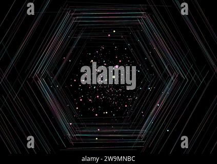 Esagoni minimi olografici e particelle di piccole dimensioni astrattano lo sfondo. Progettazione vettoriale Illustrazione Vettoriale