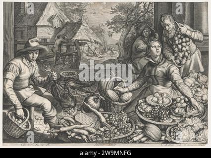 Scena del mercato, il resto del volo in Egitto sullo sfondo, da Kitchen and Market Scenes with Biblical Scenes in the background 1949 di Pieter Aertsen Foto Stock