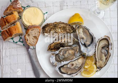 Molluschi di ostriche francesi, olandesi, del pacifico o giapponesi, taglia 1, serviti con limone fresco e pesce crudo Foto Stock