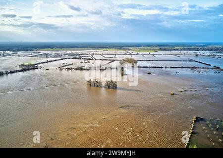 Hochwasser und Überschwemmungen der Aller in der Region Heidekreis nach tagelangen starken Regenfällen. Hodenhagen, 28.12.2023 *** acque elevate e inondazioni dell'Aller nella regione di Heidekreis dopo giorni di forti piogge Hodenhagen, 28 12 2023 foto:Xu.xStammx/xFuturexImagex hochwasser aller 3328 Foto Stock