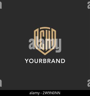 Logo Luxury CH monogramma a forma di scudo monolina con colore oro e grafica vettoriale con sfondo scuro Illustrazione Vettoriale