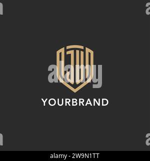 Monogramma Luxury logo JU a forma di scudo monolina con colore oro e grafica vettoriale con sfondo scuro Illustrazione Vettoriale