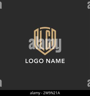 Monogramma Luxury con logo LC a forma di scudo in stile monolina con colore oro e grafica vettoriale con sfondo scuro Illustrazione Vettoriale