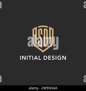 Monogramma Luxury logo SQ a forma di scudo monolina con colore oro e grafica vettoriale con sfondo scuro Illustrazione Vettoriale