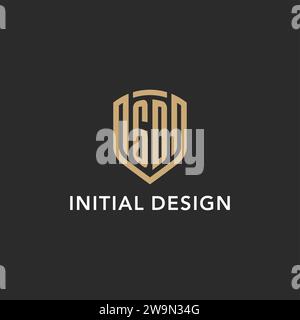 Monogramma Luxury logo GD a forma di scudo monolina con colore oro e grafica vettoriale con sfondo scuro Illustrazione Vettoriale