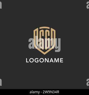 Monogramma Luxury logo GG a forma di scudo monolina con colore oro e grafica vettoriale con sfondo scuro Illustrazione Vettoriale