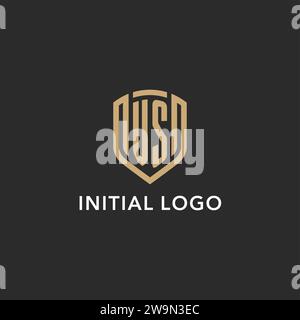 Logo Luxury VS monogramma a forma di scudo monolina con colore oro e grafica vettoriale con sfondo scuro Illustrazione Vettoriale