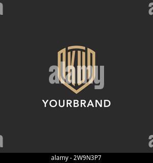 Monogramma Luxury logo KU a forma di scudo monolina con colore oro e grafica vettoriale con sfondo scuro Illustrazione Vettoriale