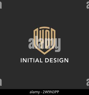 Elegante monogramma con logo YQ a forma di scudo monolina con colore oro e grafica vettoriale con sfondo scuro Illustrazione Vettoriale