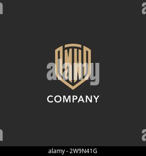 Monogramma Luxury con logo MW a forma di scudo in stile monolina con colore oro e grafica vettoriale con sfondo scuro Illustrazione Vettoriale