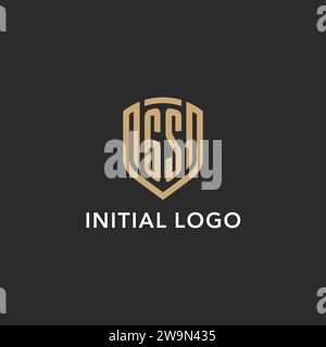 Monogramma con logo GS di lusso a forma di scudo monolina con colore oro e grafica vettoriale con sfondo scuro Illustrazione Vettoriale