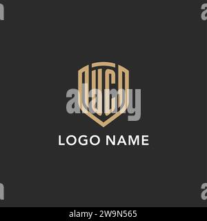 Monogramma Luxury UC logo a forma di scudo in stile monolina con colore oro e grafica vettoriale con sfondo scuro Illustrazione Vettoriale