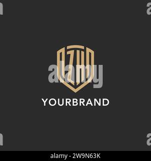 Monogramma Luxury con logo ZH a forma di scudo monolina con colore oro e grafica vettoriale con sfondo scuro Illustrazione Vettoriale