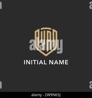 Monogramma di lusso con logo YR a forma di scudo monolina con colore oro e grafica vettoriale con sfondo scuro Illustrazione Vettoriale