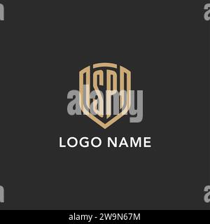 Monogramma con logo Luxury SP a forma di scudo monolina con colore oro e grafica vettoriale con sfondo scuro Illustrazione Vettoriale