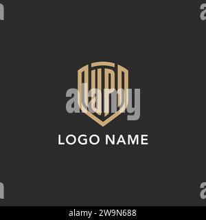 Elegante monogramma con logo UP, forma monolina, colore oro e grafica vettoriale con sfondo scuro Illustrazione Vettoriale