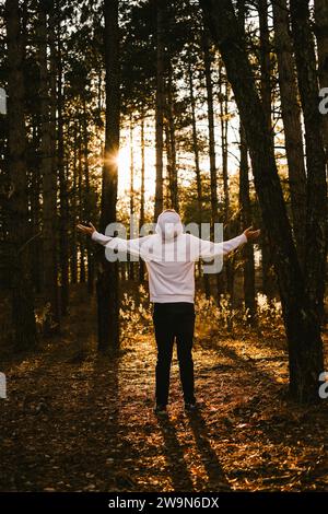 L'adolescente si trova alla luce del sole dorata con le braccia tese nella foresta Foto Stock