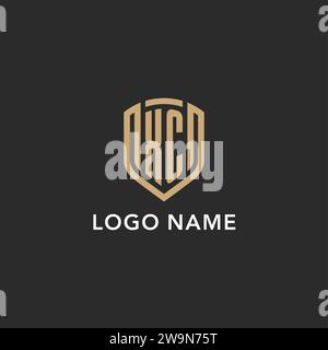 Elegante monogramma con logo XC a forma di scudo monolina con colore oro e grafica vettoriale con sfondo scuro Illustrazione Vettoriale