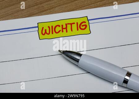 Notizblock mit wichtig und Kugelschreiber Notizblock mit wichtig und Kugelschreiber, 26.12.2023, Borkwalde, Brandeburgo, Auf einem Notizblock mit dem Schriftzug wichtig liegt ein Kugelschreiber. *** Blocco note con penna importante e a sfera blocco note con penna importante e a sfera, 26 12 2023, Borkwalde, Brandeburgo, su un blocco note con la scritta importante si trova una penna a sfera Foto Stock