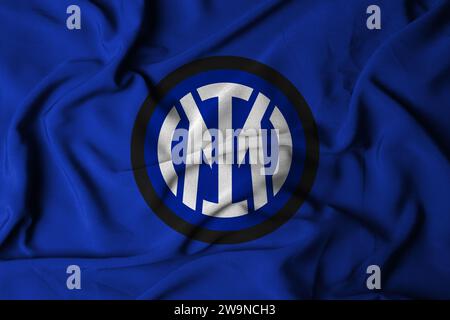 focus selettivo del logo inter milan. Squadra di calcio a Milano, Italia. con una texture fluida. Illustrazione 3D. Foto Stock