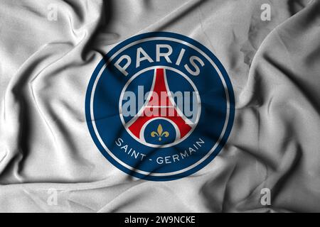 Focus selettivo del logo Paris Saint-Germain F.C. La squadra di calcio della città di Parigi si chiama PSG. con una texture fluida. Illustrazione 3D. Foto Stock