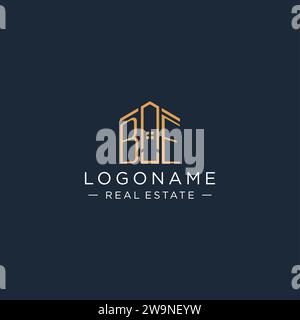 Logo BE con forma astratta della casa, grafica vettoriale dal design moderno e lussuoso del logo immobiliare Illustrazione Vettoriale