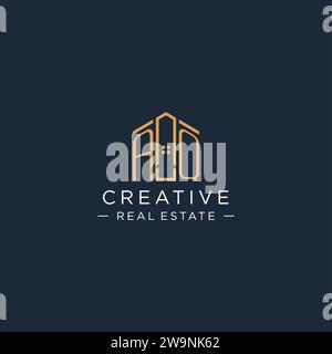 Logo AQ iniziale con forma astratta della casa, grafica vettoriale di design moderno e lussuoso del logo immobiliare Illustrazione Vettoriale