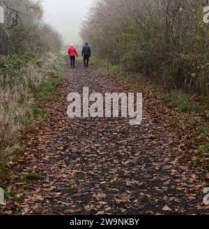 Un paio di passeggiate lungo il sentiero pubblico di Arden Way nel Warwickshire in una fredda giornata invernale. Foto Stock