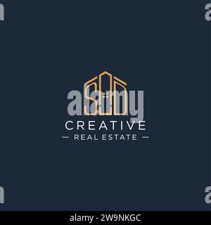 Logo SD con lettera iniziale con forma astratta della casa, grafica vettoriale di design moderno e lussuoso del logo immobiliare Illustrazione Vettoriale