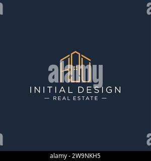 Logo HU con lettera iniziale con forma astratta della casa, grafica vettoriale di design moderno e lussuoso del logo immobiliare Illustrazione Vettoriale