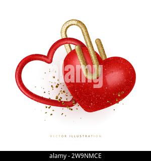 Due cuori collegati con una graffetta. Amore, matrimonio, idea di San Valentino. Illustrazione vettoriale in stile 3D. Illustrazione Vettoriale