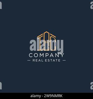 Logo IC con lettera iniziale con forma astratta della casa, grafica vettoriale di design moderno e lussuoso del logo immobiliare Illustrazione Vettoriale