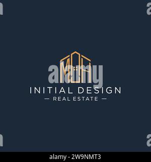 Logo MH con lettera iniziale con forma astratta della casa, grafica vettoriale di design moderno e lussuoso del logo immobiliare Illustrazione Vettoriale